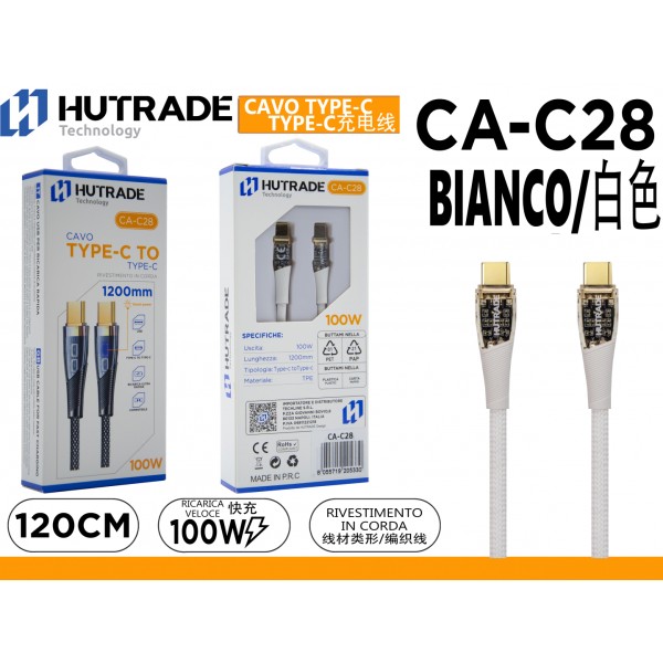 CA-C28  CAVO TYPE-C/TYPE-C  1.2 METRO 100W BIANCO HUTRADE