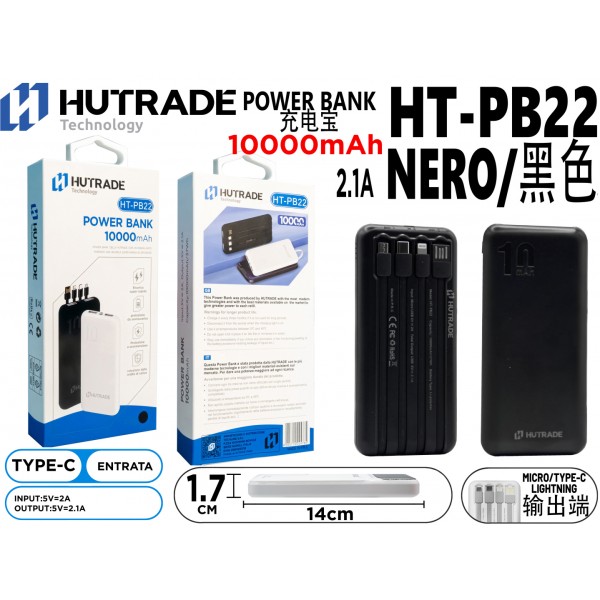 HT-PB22 POWER BANK 10000MAH CON FILO NERO HUTRADE