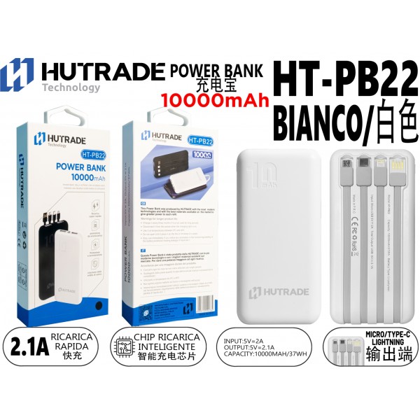 HT-PB22 POWER BANK 10000MAH CON FILO BIANCO HUTRADE