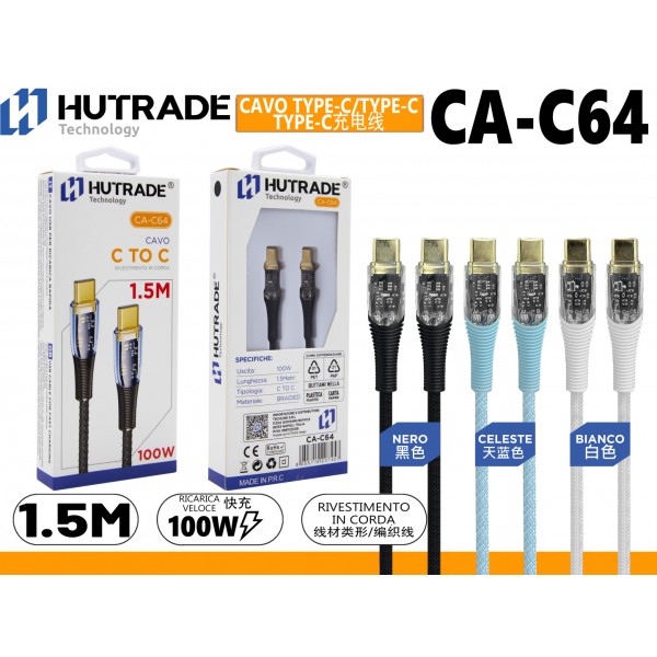 CA-C64  CAVO IN CORDA TRASPARENTE TYPE-C/TYPE-C  100W 1.5 METRO