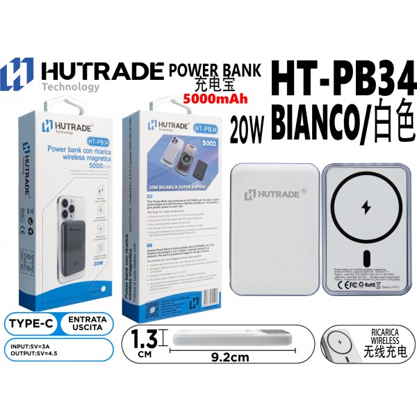 HT-PB34 POWER BANK RICARICA WIRELESS 5000MAH BIANCO