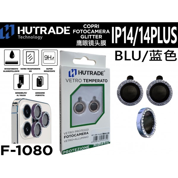 PELLICOLA DI VETRO PER FOTOCAMERA IP14/IP14 PLUS BLU HUTRADE