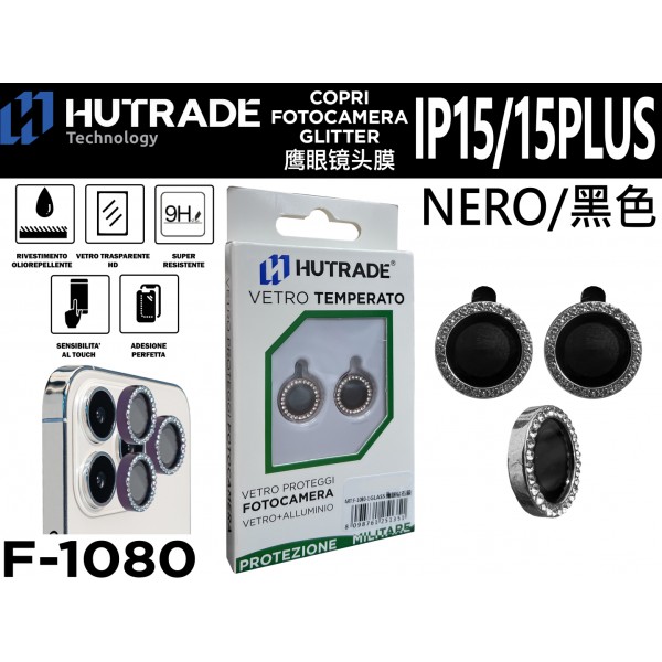 PELLICOLA DI VETRO PER FOTOCAMERA IP15/15 PLUS NERO   HUTRADE