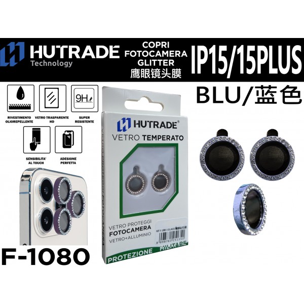 PELLICOLA DI VETRO PER FOTOCAMERA IP15/15 PLUS BLU  HUTRADE