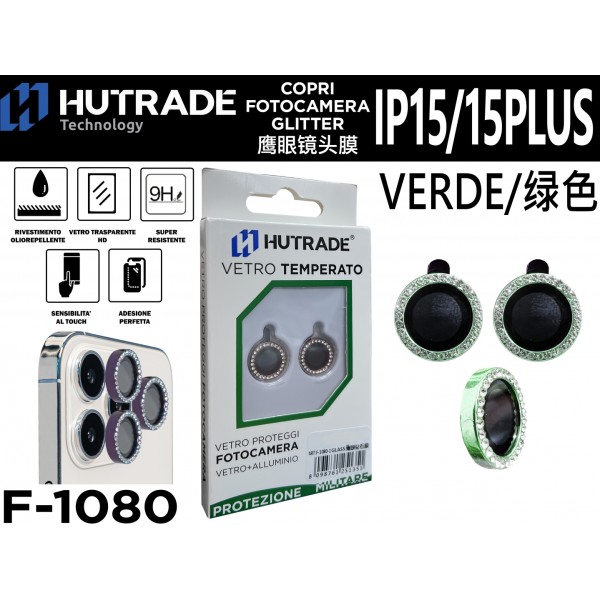 PELLICOLA DI VETRO PER FOTOCAMERA IP15/15 PLUS VERDE   HUTRADE