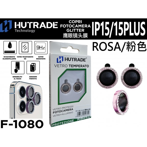 PELLICOLA DI VETRO PER FOTOCAMERA IP15/15 PLUS ROSA   HUTRADE