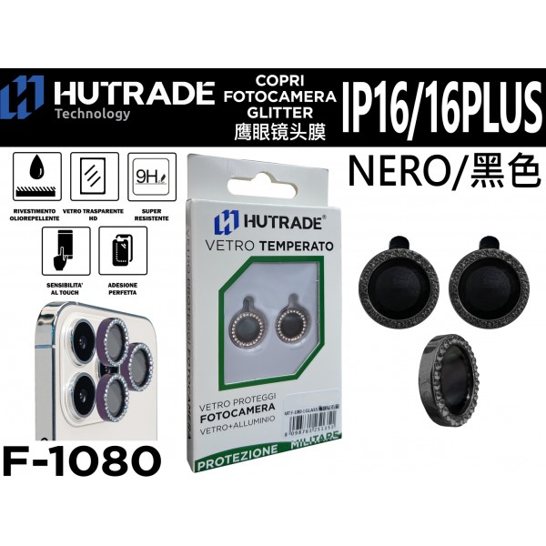 PELLICOLA DI VETRO PER FOTOCAMERA BRILLANTINATA IP16/16 PLUS NERO HUTRADE