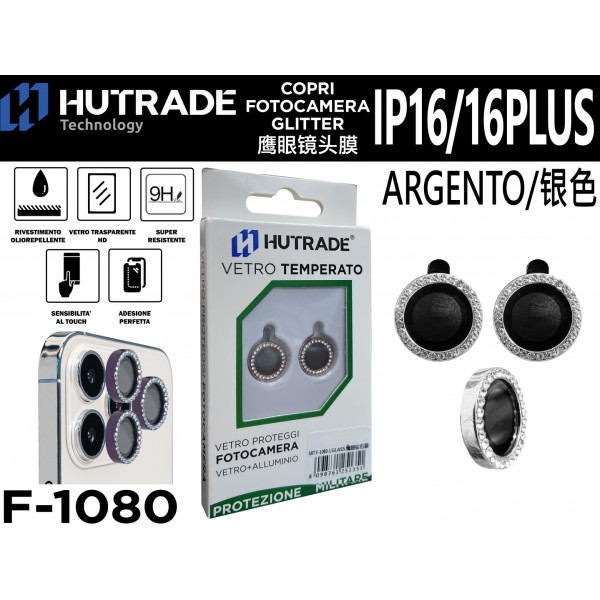 PELLICOLA DI VETRO PER FOTOCAMERA BRILLANTINATA IP16/16 PLUS ARGENTO HUTRADE