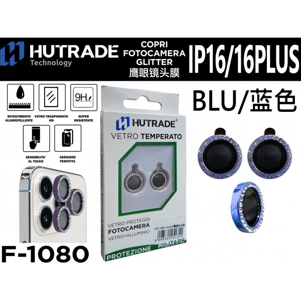 PELLICOLA DI VETRO PER FOTOCAMERA BRILLANTINATA IP16/16 PLUS BLU HUTRADE