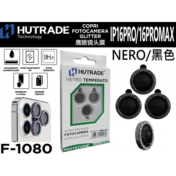 PELLICOLA DI VETRO PER FOTOCAMERA BRILLANTINATA IP16 PRO/16 PRO MAX NERO HUTRADE