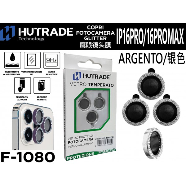 PELLICOLA DI VETRO PER FOTOCAMERA BRILLANTINATA IP16 PRO/16 PRO MAX ARGENTO HUTRADE
