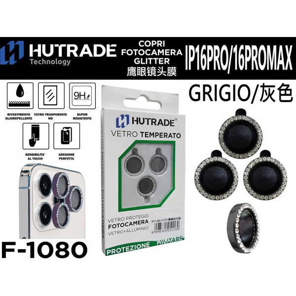 PELLICOLA DI VETRO PER FOTOCAMERA BRILLANTINATA IP16 PRO/16 PRO MAX GRIGIO HUTRADE