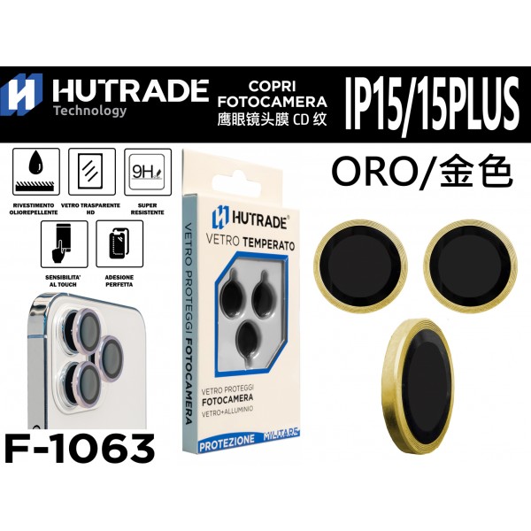 PELLICOLA DI VETRO PER FOTOCAMERA IP15/15 PLUS ORO HUTRADE